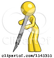 Poster, Art Print Of Yellow Design Mascot Woman Cutting With Large Scalpel