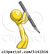 Yellow Design Mascot Man Stabbing Or Cutting With Scalpel