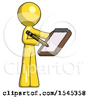 Yellow Design Mascot Man Using Clipboard And Pencil