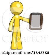 Yellow Design Mascot Man Showing Clipboard To Viewer