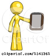 Yellow Design Mascot Woman Showing Clipboard To Viewer