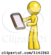 Yellow Design Mascot Man Reviewing Stuff On Clipboard