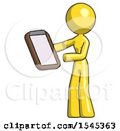 Yellow Design Mascot Woman Reviewing Stuff On Clipboard