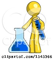 Yellow Design Mascot Man Holding Test Tube Beside Beaker Or Flask