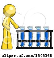 Poster, Art Print Of Yellow Design Mascot Man Using Test Tubes Or Vials On Rack