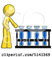 Yellow Design Mascot Woman Using Test Tubes Or Vials On Rack