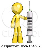 Yellow Design Mascot Man Holding Large Syringe