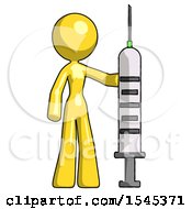 Yellow Design Mascot Woman Holding Large Syringe