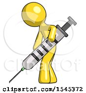 Yellow Design Mascot Man Using Syringe Giving Injection