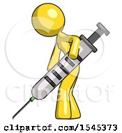 Yellow Design Mascot Woman Using Syringe Giving Injection
