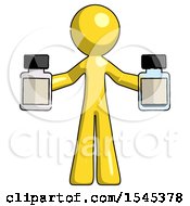 Yellow Design Mascot Man Holding Two Medicine Bottles