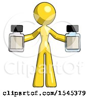 Yellow Design Mascot Woman Holding Two Medicine Bottles