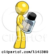 Yellow Design Mascot Man Holding Glass Medicine Bottle