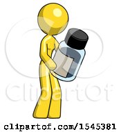 Yellow Design Mascot Woman Holding Glass Medicine Bottle