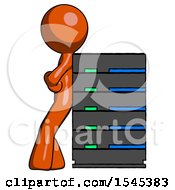 Orange Design Mascot Man Resting Against Server Rack