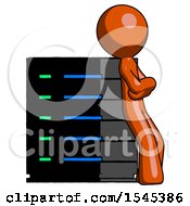 Poster, Art Print Of Orange Design Mascot Man Resting Against Server Rack Viewed At Angle