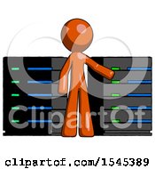 Poster, Art Print Of Orange Design Mascot Man With Server Racks In Front Of Two Networked Systems