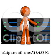 Poster, Art Print Of Orange Design Mascot Woman With Server Racks In Front Of Two Networked Systems