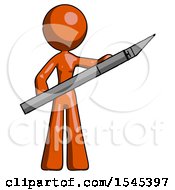 Orange Design Mascot Woman Holding Large Scalpel