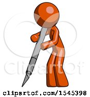 Orange Design Mascot Man Cutting With Large Scalpel