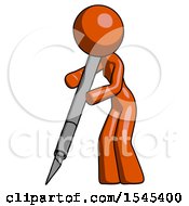 Orange Design Mascot Woman Cutting With Large Scalpel