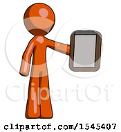 Poster, Art Print Of Orange Design Mascot Man Showing Clipboard To Viewer