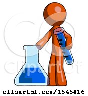 Poster, Art Print Of Orange Design Mascot Man Holding Test Tube Beside Beaker Or Flask