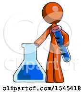 Poster, Art Print Of Orange Design Mascot Woman Holding Test Tube Beside Beaker Or Flask