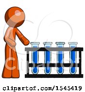 Poster, Art Print Of Orange Design Mascot Man Using Test Tubes Or Vials On Rack