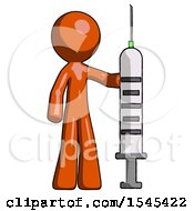 Orange Design Mascot Man Holding Large Syringe