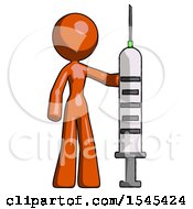 Orange Design Mascot Woman Holding Large Syringe