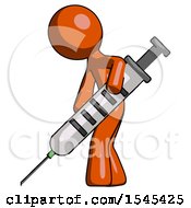 Orange Design Mascot Man Using Syringe Giving Injection