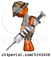Poster, Art Print Of Orange Explorer Ranger Man Using Syringe Giving Injection