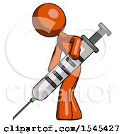 Orange Design Mascot Woman Using Syringe Giving Injection