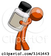 Orange Design Mascot Man Holding Large White Medicine Bottle