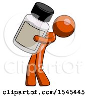 Orange Design Mascot Woman Holding Large White Medicine Bottle