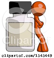 Orange Design Mascot Man Leaning Against Large Medicine Bottle