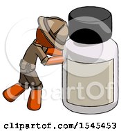 Orange Explorer Ranger Man Pushing Large Medicine Bottle