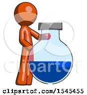 Poster, Art Print Of Orange Design Mascot Man Standing Beside Large Round Flask Or Beaker