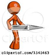 Poster, Art Print Of Orange Design Mascot Woman Walking With Large Thermometer