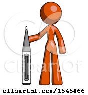 Poster, Art Print Of Orange Design Mascot Woman Standing With Large Thermometer
