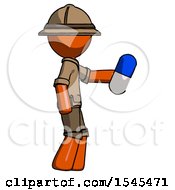 Orange Explorer Ranger Man Holding Blue Pill Walking To Right