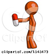 Orange Design Mascot Man Holding Red Pill Walking To Left