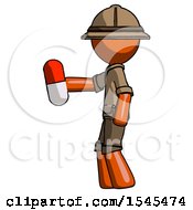 Poster, Art Print Of Orange Explorer Ranger Man Holding Red Pill Walking To Left