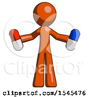 Poster, Art Print Of Orange Design Mascot Man Holding A Red Pill And Blue Pill