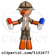Poster, Art Print Of Orange Explorer Ranger Man Holding A Red Pill And Blue Pill