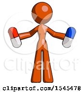 Poster, Art Print Of Orange Design Mascot Woman Holding A Red Pill And Blue Pill