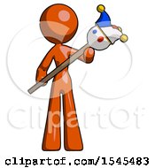 Orange Design Mascot Woman Holding Jester Diagonally
