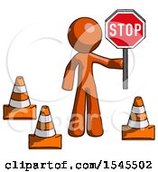 Poster, Art Print Of Orange Design Mascot Man Holding Stop Sign By Traffic Cones Under Construction Concept