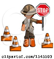 Poster, Art Print Of Orange Explorer Ranger Man Holding Stop Sign By Traffic Cones Under Construction Concept